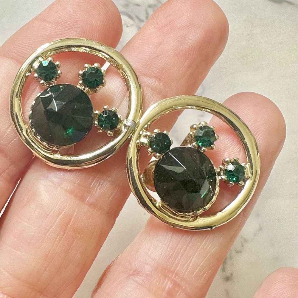 Gold tone green rhinestone clip on earrings